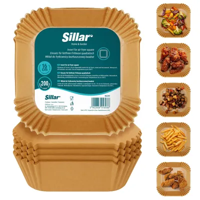 Zdjęcie produktu dla Sillar 200 sztuk kwadratowego papieru do pieczenia 16 x 16 cm do frytkownicy na gorące powietrze – papier do frytkownicy Airfryer, nieprzywierający, odporny na olej, pergaminowy