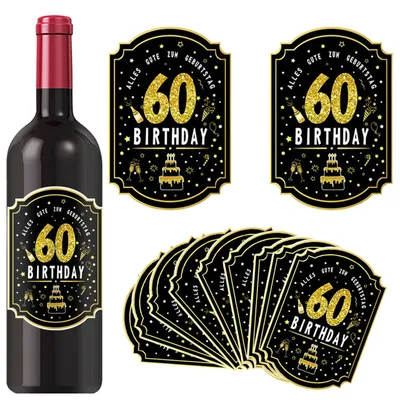 24 Weinflaschen-Etiketten 60. Geburtstag, Schwarz-Gold, selbstklebend
