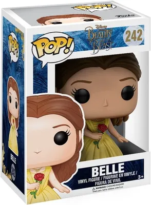 A Funko Pop! vinyl figure of Belle from Disney's Beauty and the Beast, shown in its original packaging.