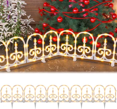 Productafbeelding van JOIEYOU LED Decoratieve kerstboom omheining, 10 stuks, lattenomheining met 8 lichtmodi, LED-verlichting, warmwitte verlichting, geschikt voor tuin, bruiloft, Halloween, kerstdecoratie (gebogen vorm, 300 cm)
