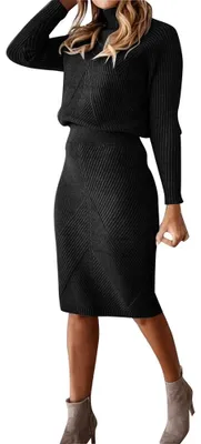 Produktbild von Strickkleid für Damen, zweiteiliger Anzug – Strickoberteil und mittellanger Strickrock, figurbetontes 2-teiliges Set, Midikleid, Rollkragenkleid, Bleistiftkleid, dehnbares, grob gestricktes Set, Strickkleid (2XL)