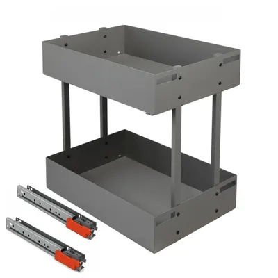 A two-tier gray cabinet organizer with two drawer slides in the foreground, set against a white background.