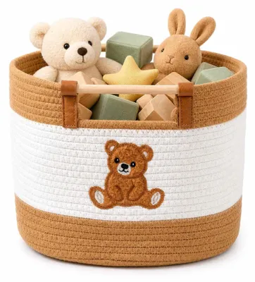 Zdjęcie produktu dla Omgoods - Koszyk z bawełnianego sznurka z uchwytami i wzorem niedźwiedzia