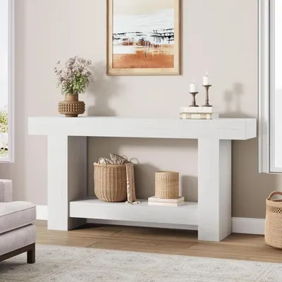 Image de Console en bois - Table d'entrée/table basse - 160 cm - 2 niveaux avec espace de rangement - Style cottage/antique - Rectangulaire - Blanc