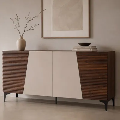 Obrázek produktu pro Komoda HWC-Q83, skříňka s dvířky s 3D strukturou, úložné prostory, materiál MDF s melaminovým povrchem, rozměry 80x160x42 cm, barva: ořech