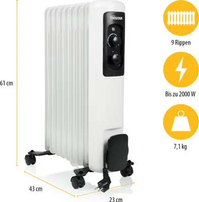 Produktbild von Tristar | KA-5179 | Ölradiator | 2000 W | Anzahl Leistungsstufen 3 | Geeignet für Räume bis 60 m³ | Geeignet für Räume bis 25 m² | Weiß | IP00