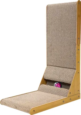 A cat scratching post with a toy ball.