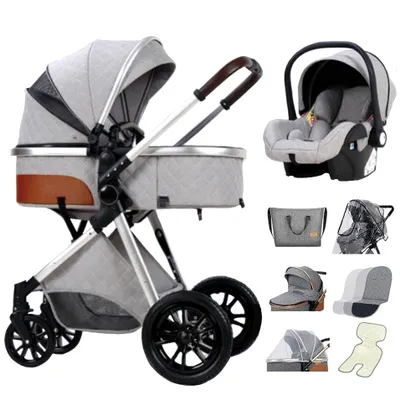 Obrázok produktu pre Kombinovaný kočík 3 v 1 Kočík Royal Luxury Leather Aluminium Frame High Landscape Skladací kočík Kočík s darčekmi Kočík, svetlo šedá