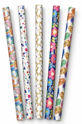 Produktbild von Benza – Geschenkpapier „Happy Moments“ – 5 Rollen à 70 x 200 cm – Geburtstags-Geschenkpapier – Regenbögen, Punkte, Blumen & Luftballons