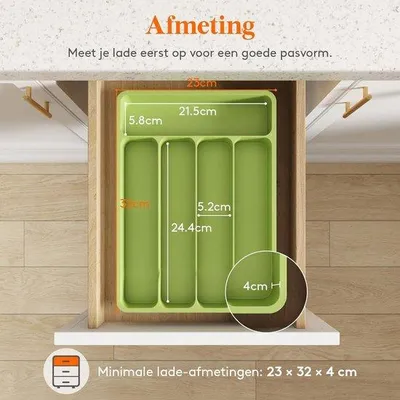 Image de Organiseur compact en plastique pour tiroir de cuisine, vert, 5 compartiments
