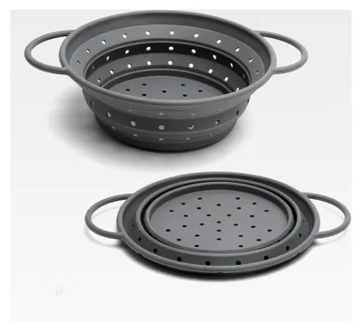 Produktbild von Faltbares Silikonsieb 22 cm Ø Grau, Küchensieb mit Griffen, Abtropfkorb für Nudeln, Gemüse und Obst - Spülmaschinenfest, für Küche und Camping, Grau