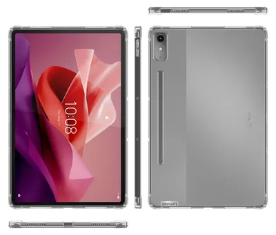 Multiple views of a transparent tablet case.