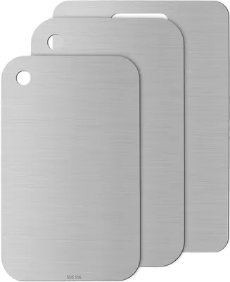 Produktbild von Schneidebrett 3-teiliges Titan-Schneidebrett-Set, doppelseitige S316-Edelstahl-Schneidebretter, Antihaftbeschichtung, mit Aufhängeloch, lebensmittelec