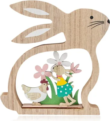 Produktbild von 2 Stück Osterhasen Holz-Deko Aufsteller, Niedliche Figuren mit Huhn und Küken, Für Tisch- und Fensterbankdekoration