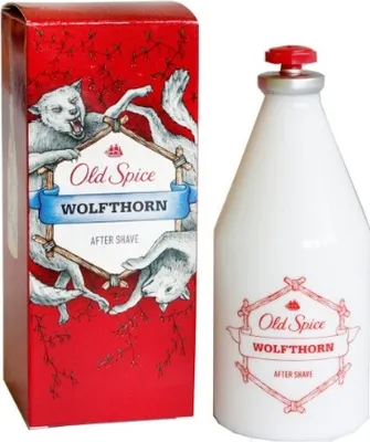 A bottle of Old Spice Wolfthorn After Shave and its packaging are displayed against a white background.