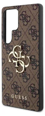 A close-up, side view of a brown phone case with a repeating Guess logo pattern and a prominent gold Guess logo in the center.