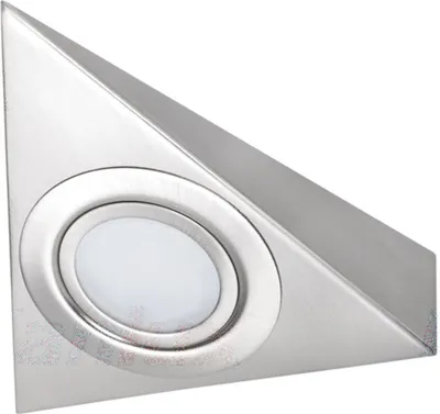 A close-up, studio shot of a triangular under-cabinet light fixture.