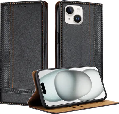 Obrázek produktu pro Pouzdro pro iPhone 13 kožené flipové pouzdro s funkcí stojánku černé