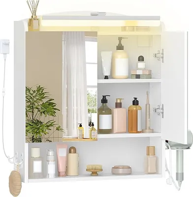 Image de Armoire de salle de bain avec miroir et éclairage, meuble de salle de bain avec miroir, meuble mural, support pour sèche-cheveux et crochets, avec prise, étagères réglables, blanc, 16,5 x 60 x 68,5 cm, modèle MC10003XEU