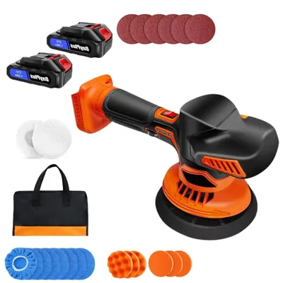 Immagine prodotto di Levigatrice orbitale senza fili da 21V - 2 batterie - Alesaggio da 12 mm - 6 velocità - Set con dischi abrasivi e lucidanti - Arancione