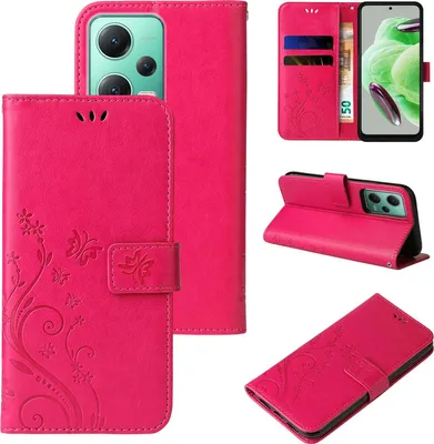 Produktbild von Handyhülle für Xiaomi Redmi Note 12 5G Floral Blumen Schmetterling Flip Cover Hülle Case Klapphülle Handytasche Farbe: Pink