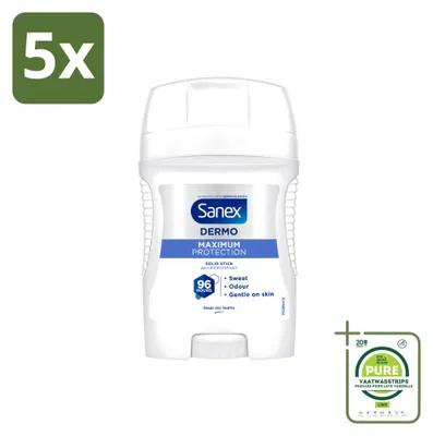 Imagen del producto de 5 unidades de antitranspirante en barra Sanex Maximum Protection, 50 ml cada uno. Pack grande