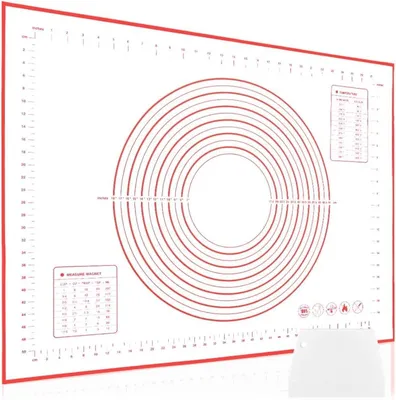 Produktbild von Silikon-Backmatte, rutschfest, 80 x 60 cm, Antihaftmatte für Teig, Backmatte mit Messskala, Rollmatte für Fondant, Gebäck und Pizza, BPA-frei (rot + 1 Teigschaber)