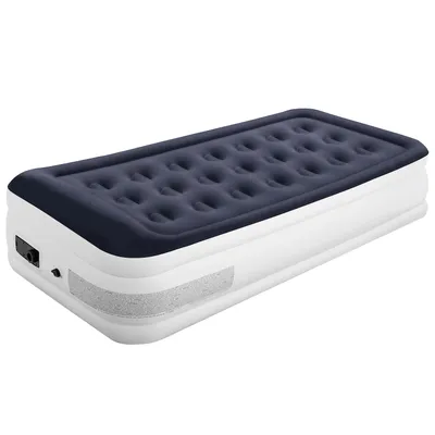 An inflatable mattress with a built-in pump.