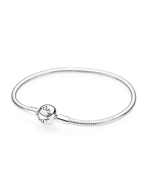 A silver Pandora bracelet on a white background.
