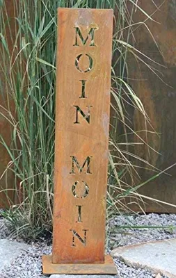 Produktbild von Rostikal Moin Moin Schild 100 cm Rost Deko Garten Stele Edelrost Gartendekoration auf Bodenplatte