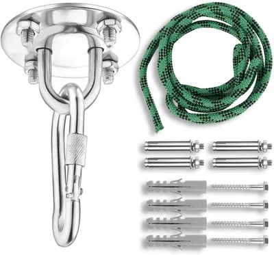Produktbild von Montagesatz mit Metallgriff & Öse, 2m Seil, 9cm Griff, 200kg Tragkraft, vertikal & horizontal, inkl. Beton- & Holzschrauben für Hängesessel & Schaukeln