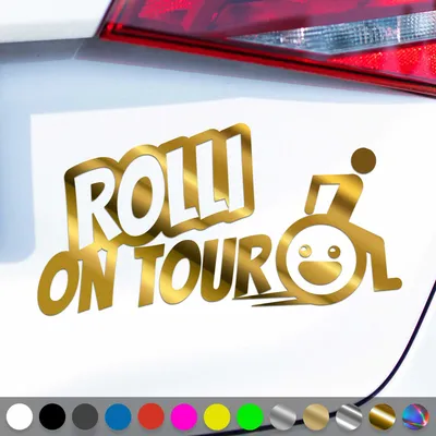 Produktbild von PantherPixel Rollstuhlfahrer Aufkleber Rolli on Tour Handicap Sticker Auto Geschenkidee Farbe Chrom-Gold