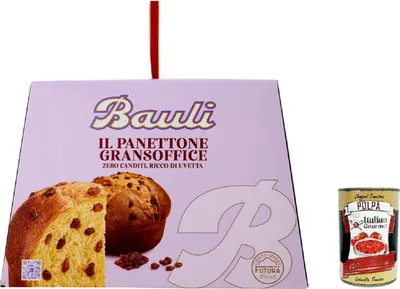 Produktbild von Bauli Il Panettone Gransoffice 900 g – ohne kandierte Früchte, reich an Rosinen – italienischer Weihnachtskuchen mit Lievito Madre, weich & duftend – Geschenkverpackung + Italian Gourmet polpa 400g