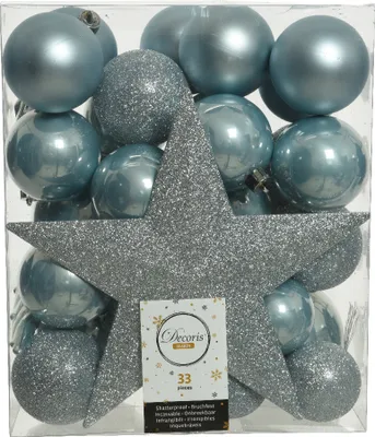 Produktbild von Weihnachtskugeln Kunststoff mit Christbaumstern 33er Set - Nebelblau