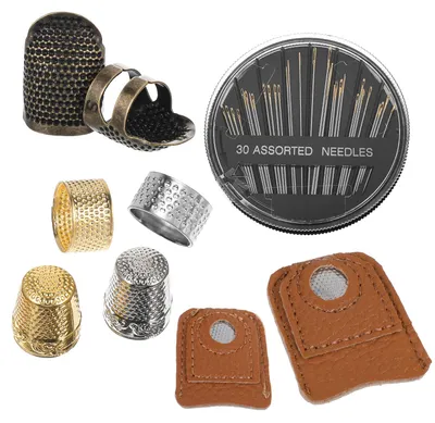 Fingerhut-Set mit 8 Fingerhüten und 30 Nähnadeln, verstellbar, Metall und Leder