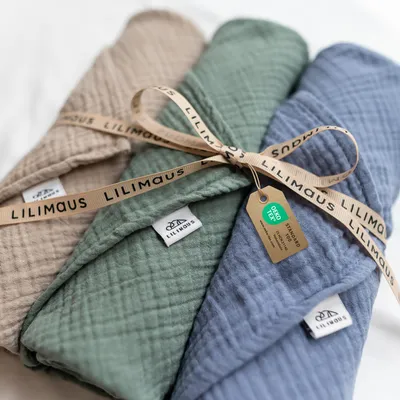 Image de Langes en mousseline lot de 3 Beige clair, Bleu, Eucalyptus - 100% coton