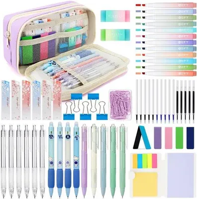 Immagine prodotto di Set scolastico per bambine con astuccio, 12 matite pastello, 5 gomme, 6 matite, 4 penne a sfera, set di cancelleria per bambine, viola