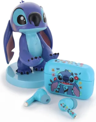 A Stitch figurine and a charging case for wireless earbuds, with two earbuds displayed.