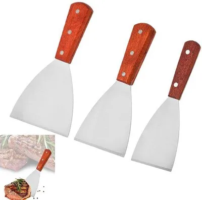 Produktbild von Unyqoos® 3‑teiliges Grillspatel-Set aus Edelstahl mit ergonomischen Holzgriffen, 7,5/10/12 x 21,5 cm – vielseitig für Küche, Grill & Profiküche
