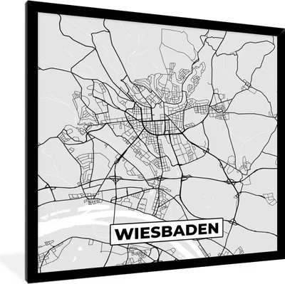 Produktbild von MuchoWow® Gerahmtes Poster Karte - Stadtplan - Deutschland - Wiesbaden - Karte 40x40 cm - Poster mit Schwarzem Bilderrahmen Wandposter Rahmen Foto Bilder - Mit Rahmen - Wanddekoration Schlafzimmer