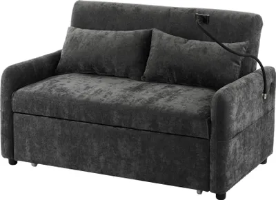 Produktbild von Merax Schlafsofa, 2-Sitzer Klappsofa mit Schlaffunktion, verstellbare Rückenlehne, USB-Ladeanschluss & Handyhalter, Chenille Bettsofa, Couch, Grau