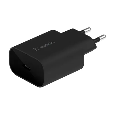 A black Belkin USB-C charger with two prongs for a power outlet.