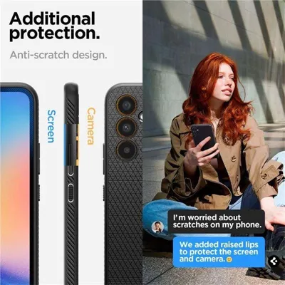 A split image showing a phone case on the left and a woman holding a phone on the right, with text overlays.