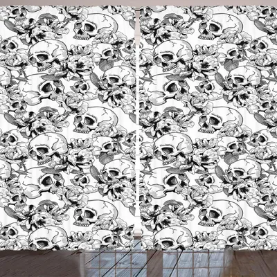 Obrázok produktu pre ARANDE Deň mŕtvych záves, slávnostná oslava mexického španielskeho náčrtu Dead Skulls Artwork Print, 280 x 175 cm, čierno-biely