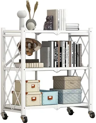 Obrázok produktu pre Uniqoos® Skladací, viacúčelový vozík s 3 úrovňami, oceľová konštrukcia, nosnosť 100 kg, rozmer 71,5 × 30,5 × 87 cm, 4 otočné kolieska s brzdou, čierno-biela farba