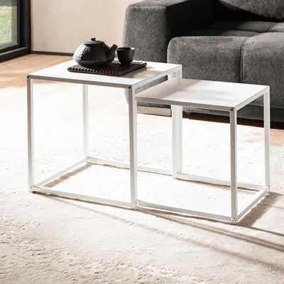 Produktbild von FineBuy Wohnzimmertisch 2er Set Metall Beistelltisch Eckig Weiß Beistelltisch Industrial Sofatisch Couchtisch Quadratisch Tischset 2-teilig Satztisch