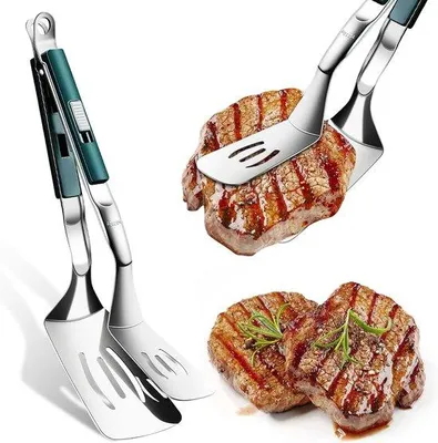 Produktbild von Famanu Küchentool: Edelstahlzange und Spatel für Grillen und Kochen - Multifunktional