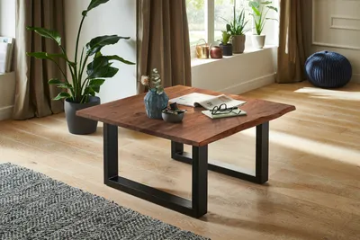 Produktbild von Couchtisch Baumkante massiv Akazie nussbaum 80 x 80 schwarz NOAH