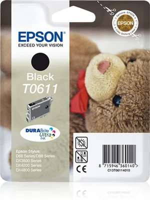 Produktbild von Epson Teddybear Singlepack Black T0611 DURABrite Ultra Ink, Schwarz, Tinte auf Pigmentbasis, 8 ml, 1 Stück(e), Einzelpackung
