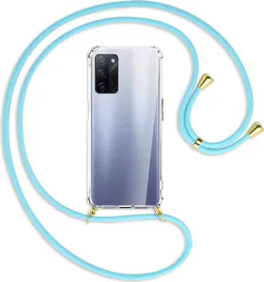 Produktbild von Handykette Backcover-Schutzhülle mit Band (Metall goldfarben) für Oppo A55 5G (PEMM00, PEMT00) - himmelblau